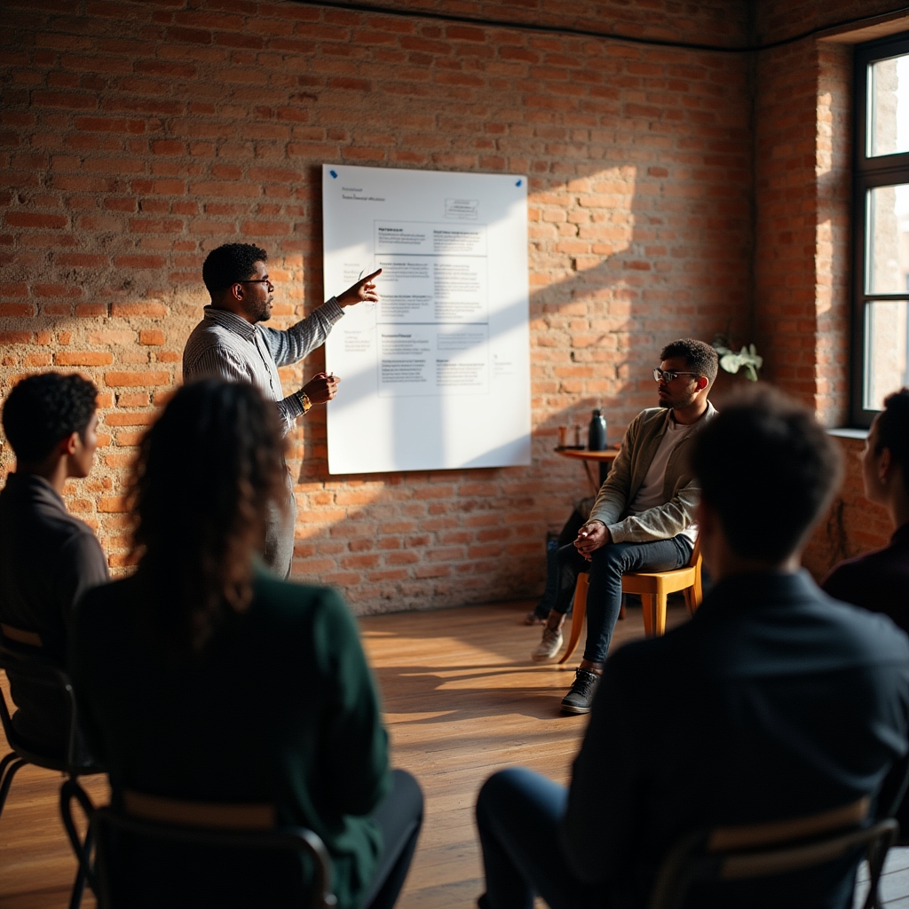 Skupinový workshop analytického týmu nad flipchartem se schématem